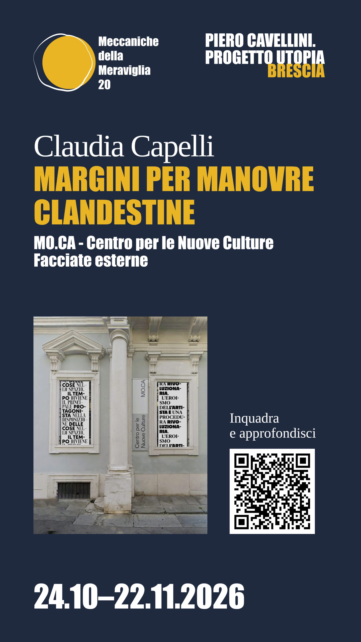 Locandina dell’installazione “Margini per manovre clandestine” di Claudia Capelli, sulle facciate esterne del MO.CA dal 24 ottobre al 22 novembre 2026.