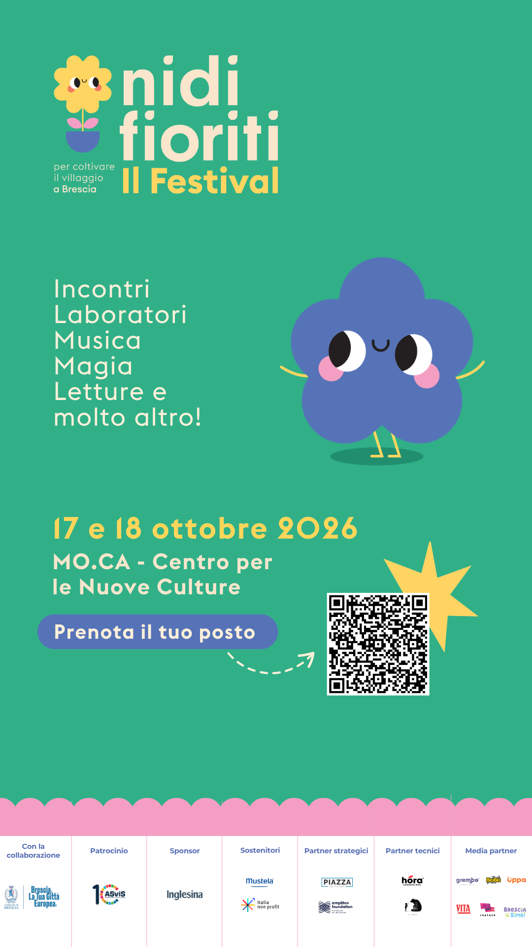 Locandina del Festival di Nidi Fioriti, in programma il 17 e 18 ottobre 2026 al MO.CA di Brescia.