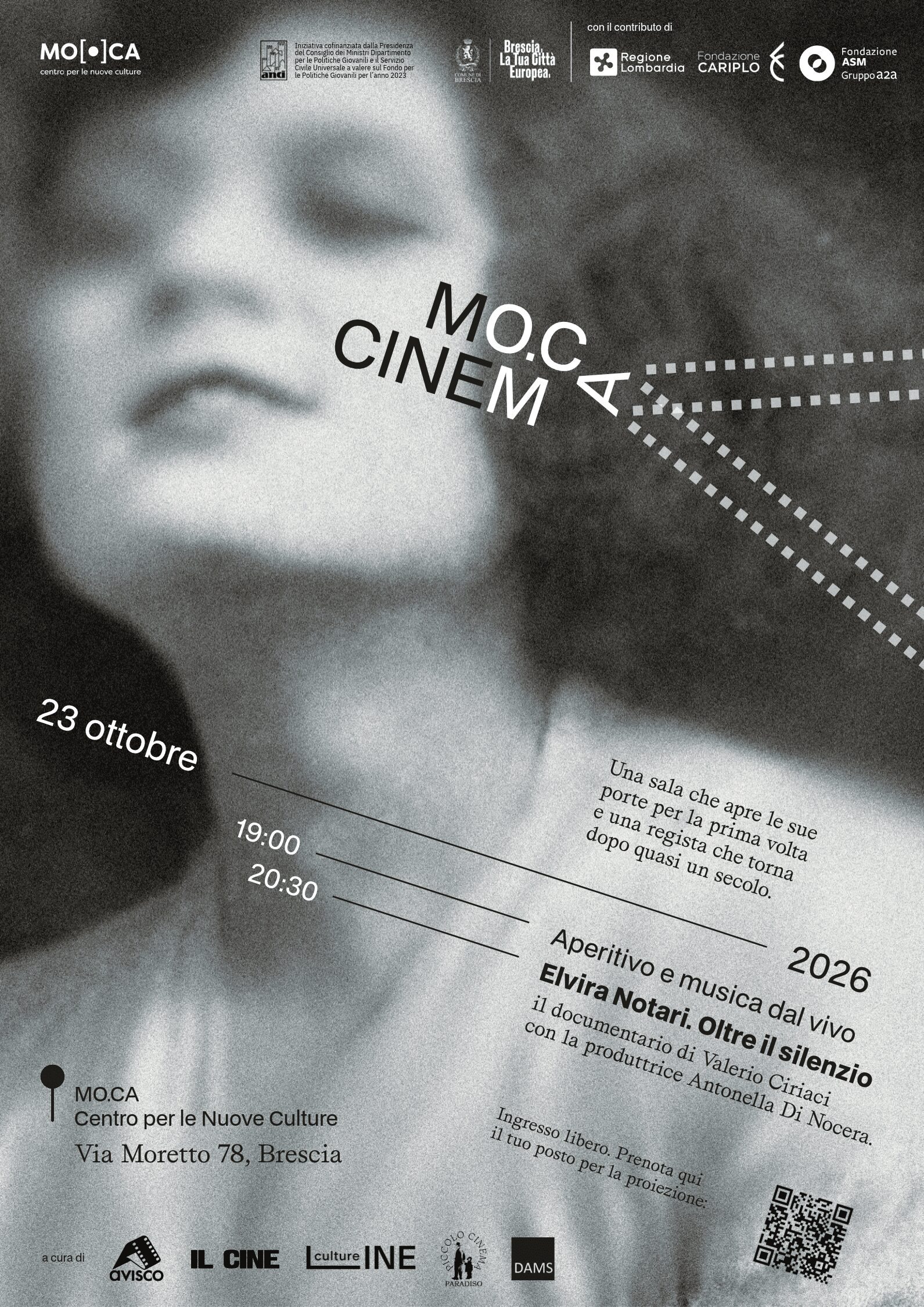 Locandina dell’apertura di MO.CA Cinema del 23 ottobre 2026, con aperitivo e musica dal vivo e proiezione di «Elvira Notari. Oltre il silenzio».